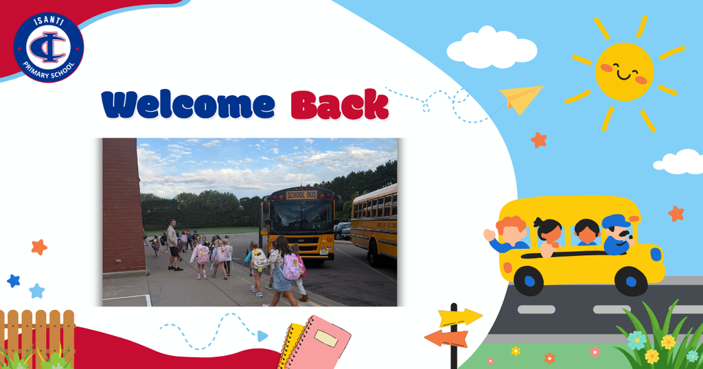 Graphic featuring the text "Welcome Back" with a photo of students walking to school buses next to a cheerful illustration of a yellow school bus filled with children under a smiling sun.