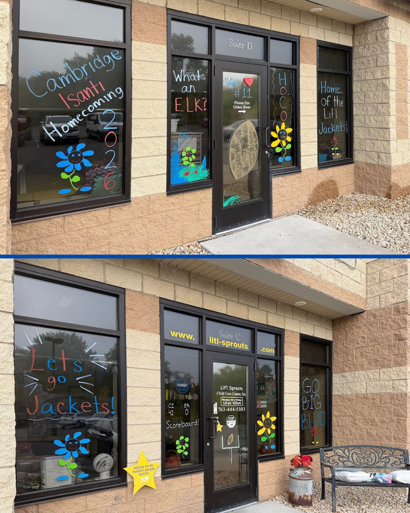 Outside view of Lit'l Spouts Childcare Center. The windows are decorated with Bluejacket Homecoming celebration messages.