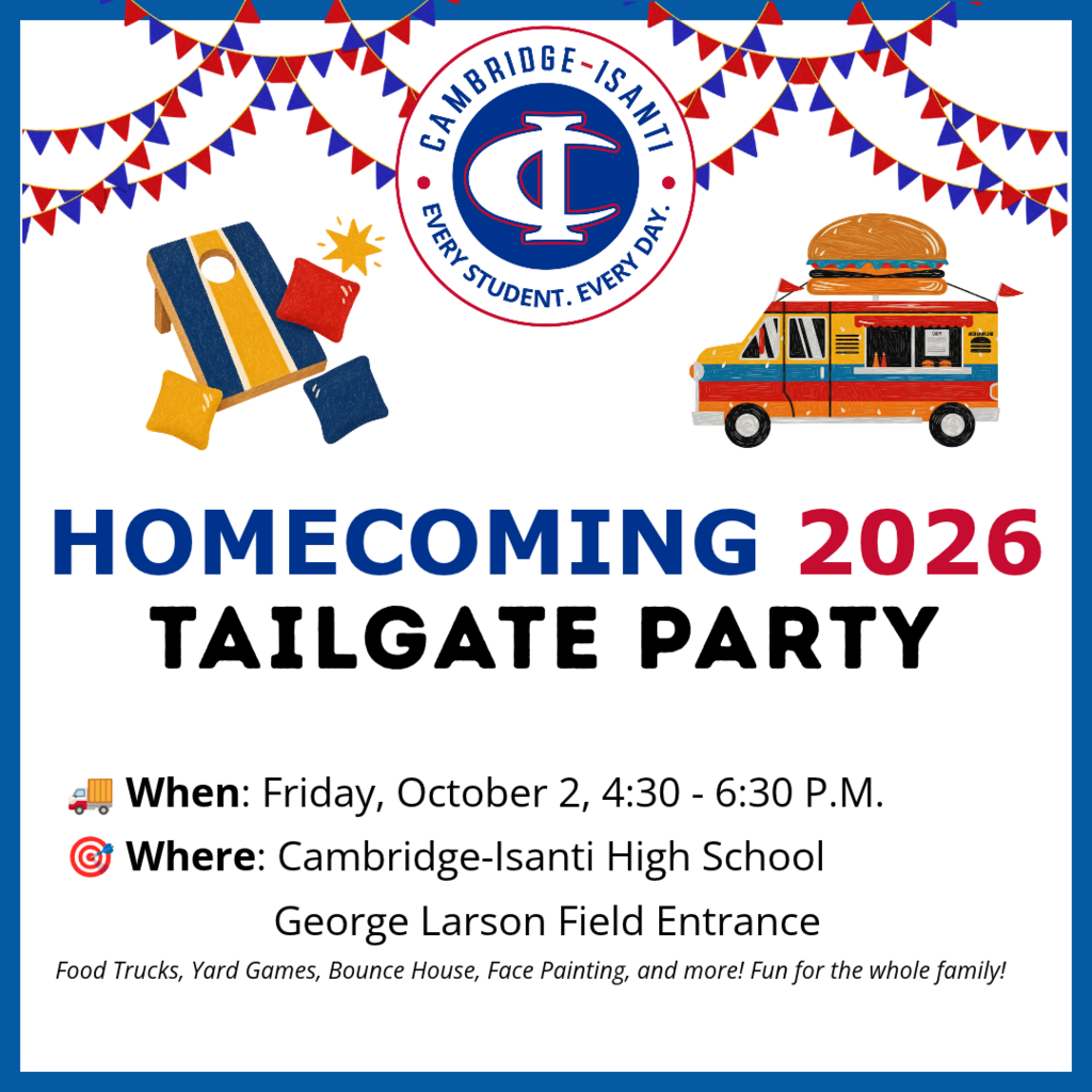 Homecoming 2026 Tailgate Party on Friday, Oct. 2, 4:30–6:30 PM at George Larson Field Entrance.