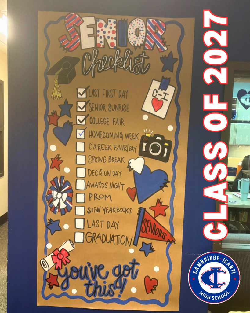 Senior checklist for Cambridge-Isanti High School Class of 2027 listing key senior year events and milestones.