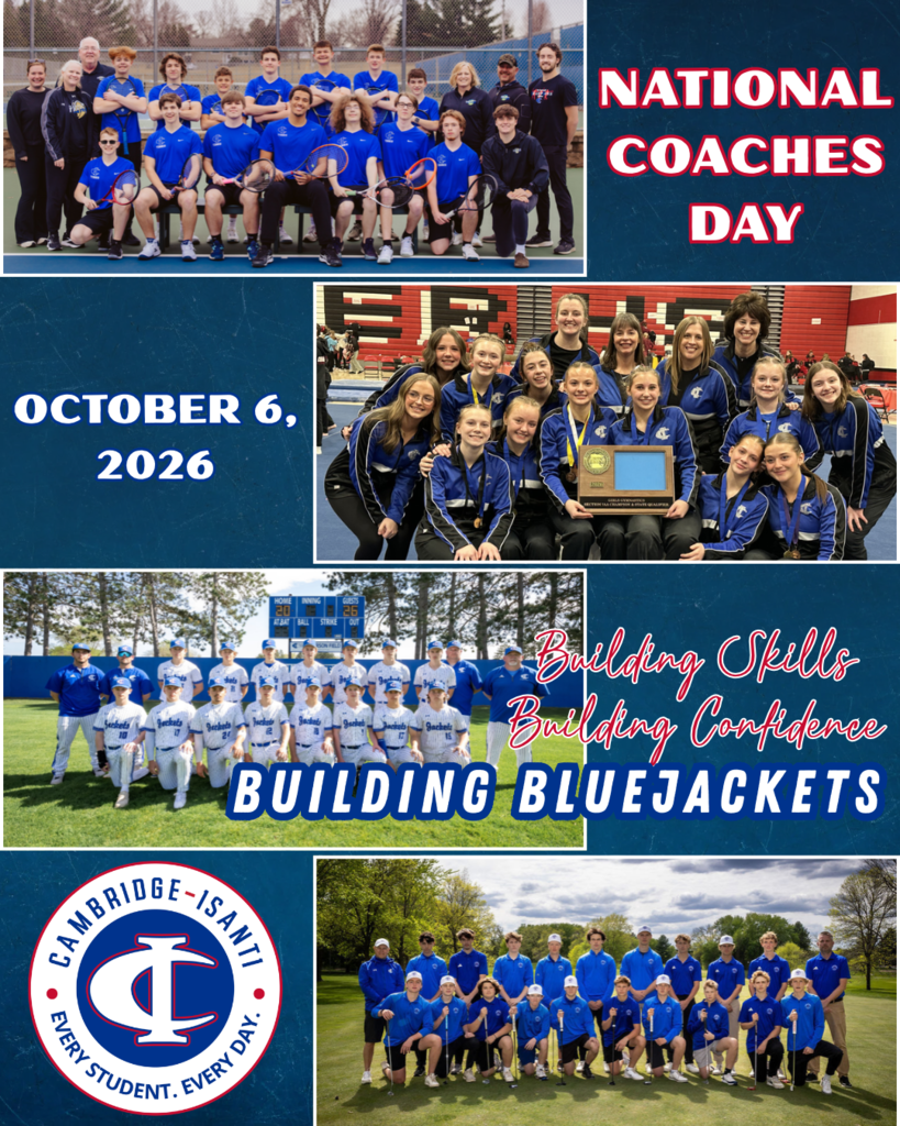 Photo collage featuring a variety of teams and their coaches. The words read NATIONAL COACHES DAY, OCTOBER 6, 2026. Building Skills, Building Confidence, Building Bluejackets.