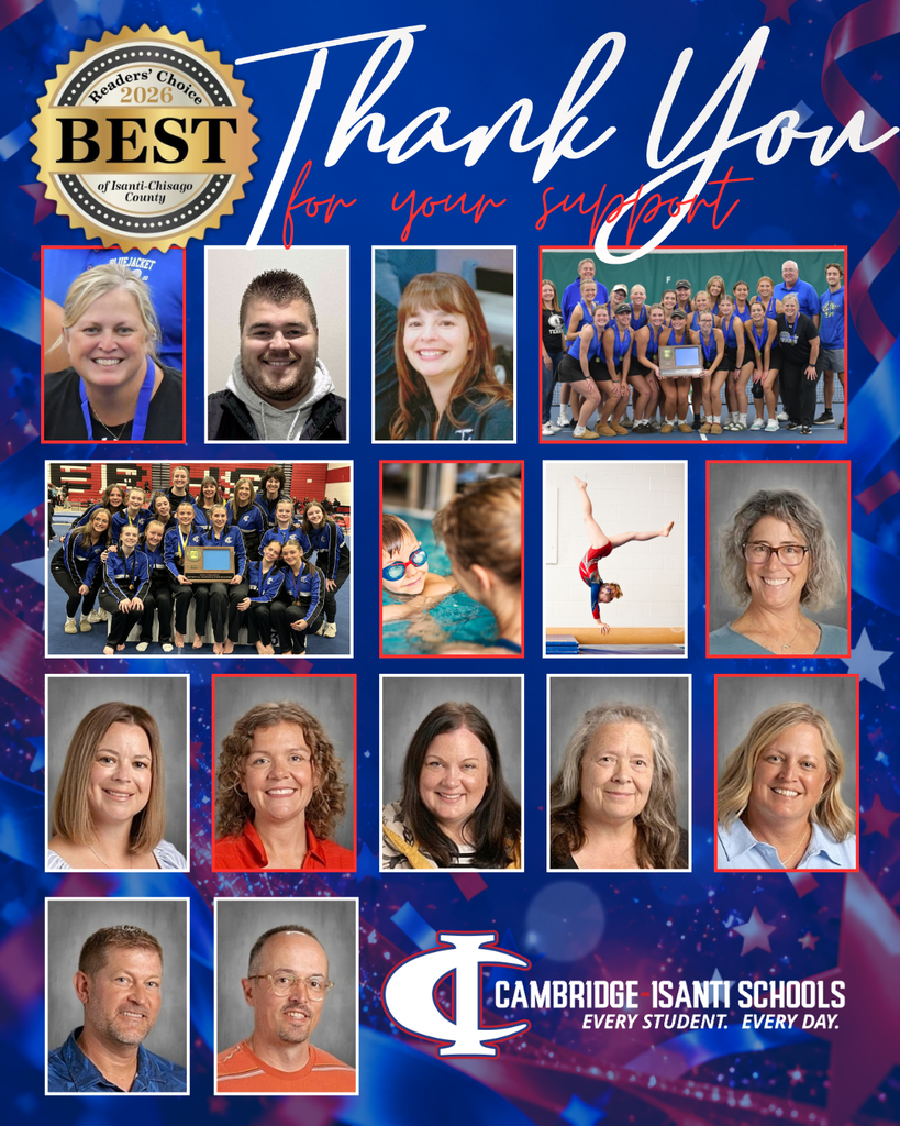 Cambridge-Isanti Schools graphic thanking the community for support after winning Best of Isanti-Chisago County 2026. Graphic features photos of the Cambridge-Isanti Schools Winners and Finanlists.