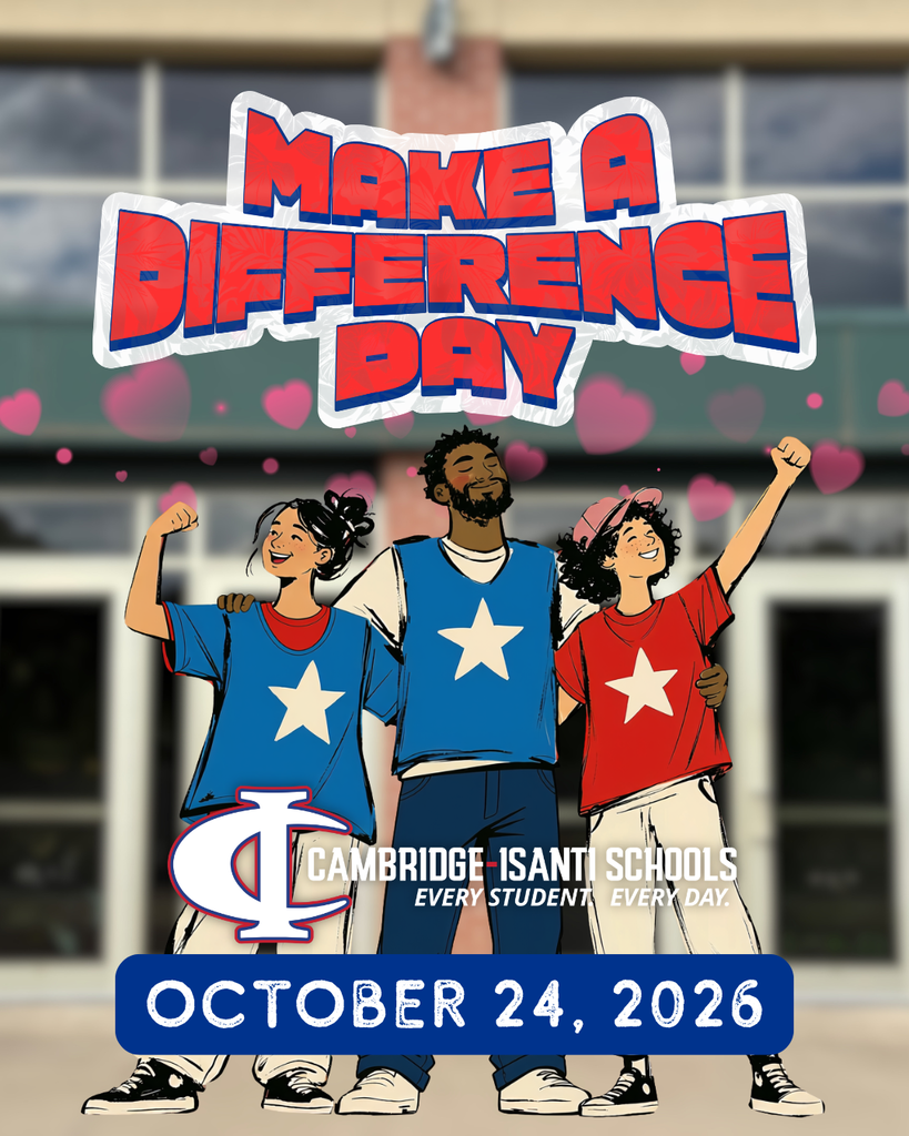 Make a Difference Day flyer for Cambridge-Isanti Schools on October 24, 2026, featuring three enthusiastic cartoon volunteers.