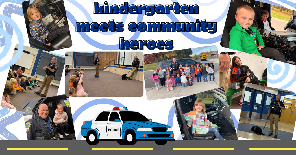 Photo collage titled "kindergarten meets community heroes" with a graphic of a blue police car in the center over a road pattern. Surrounding the text are multiple photos of kindergarten students interacting with police officers and a black K9 police dog. Photos show children sitting inside police vehicles, listening attentively to officers present in a gymnasium, posing for group photos outside near squad cars, and petting the police K9.