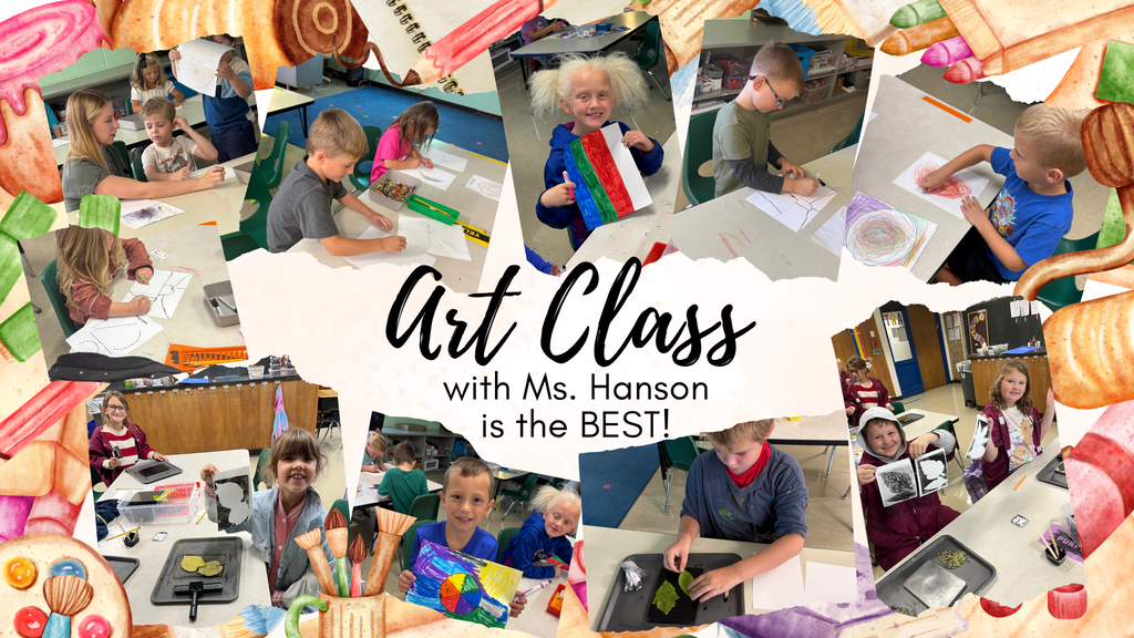 A photo collage featuring young elementary school students engaged in art projects in a classroom setting. The center of the image displays text on a white torn-paper banner that reads, "Art Class with Ms. Hanson is the BEST!" Surrounding the text are multiple photos showing children drawing with markers, holding up colorful stripe drawings, working with ink rollers and leaf pressings, and proudly displaying their finished artwork. The outer border is decorated with colorful watercolor art supplies, including paintbrushes, color palettes, crayons, and paints.