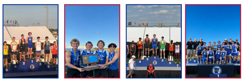 Four photos showing student-athletes celebrating and posing with trophies on a track and field championship podium.