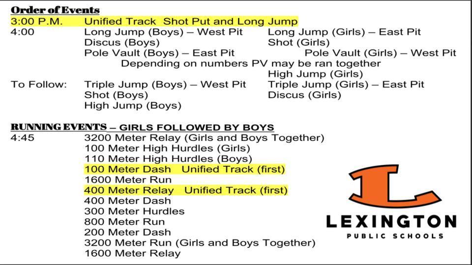Lexington Track Meet 2026 Order of Events