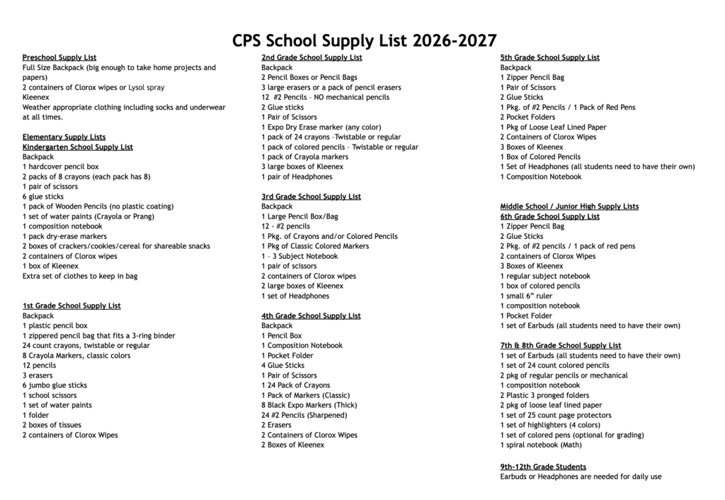 2026-27 School Supply List
