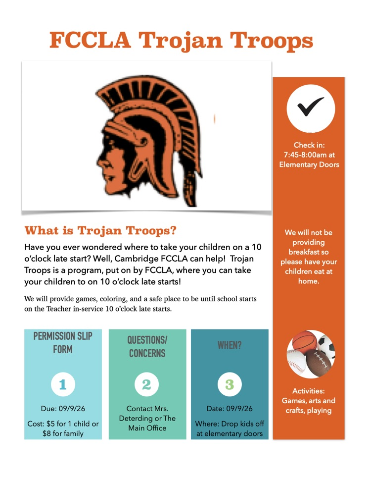 FCCLA Trojan Troops Program flyer for 9-9-26.