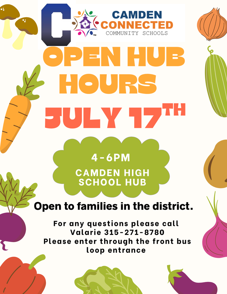 Open Hub Hours on July 17th from 4 to 6 PM at Camden High School.