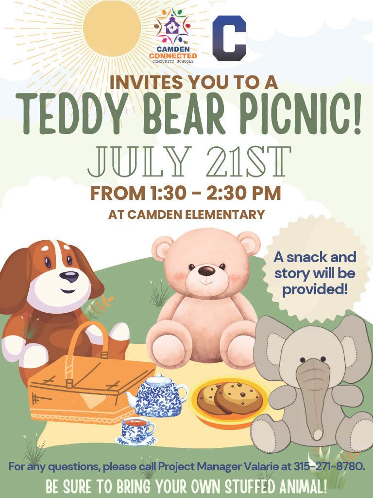 Connected Community Schools Teddy Bear Picnic on July 21st from 1:30 PM to 2:30 PM at Camden Elementary. A snack and story will be provided.