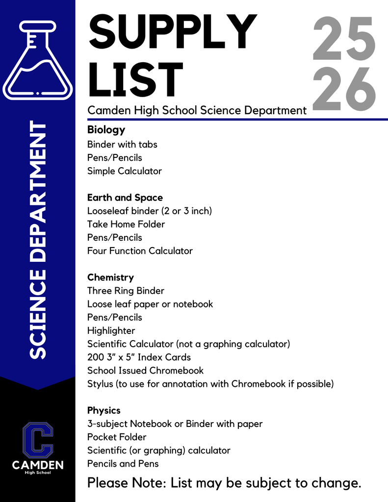 Science Dept Supply List