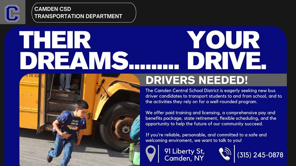 CCSD Hiring Bus Drivers - Call 315-245-0878