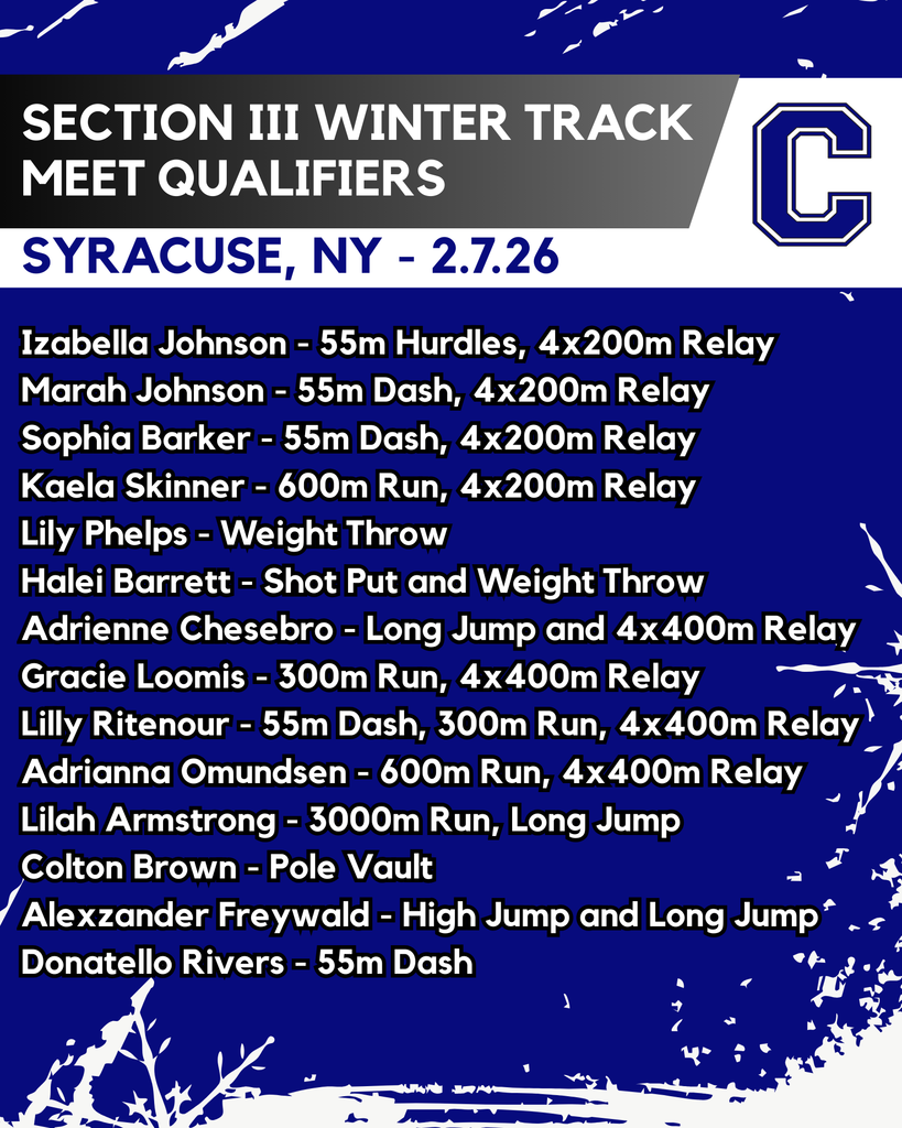 Izabella Johnson - 55m Hurdles, 4x200m Relay Marah Johnson - 55m Dash, 4x200m Relay Sophia Barker - 55m Dash, 4x200m Relay Kaela Skinner - 600m Run, 4x200m Relay Lily Phelps - Weight Throw Halei Barrett - Shot Put and Weight Throw Adrienne Chesebro - Long Jump and 4x400m Relay Gracie Loomis - 300m Run, 4x400m Relay Lilly Ritenour - 55m Dash, 300m Run, 4x400m Relay Adrianna Omundsen - 600m Run, 4x400m Relay Lilah Armstrong - 3000m Run, Long Jump Colton Brown - Pole Vault Alexzander Freywald - High Jump and Long Jump Donatello Rivers - 55m Dash