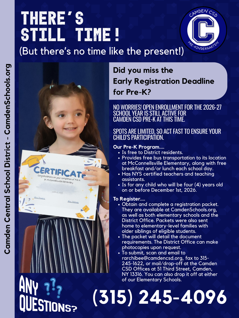 There's Still Time to Register for Pre-K if you missed the early deadline! Enrollment for the 2026-27 School Year is still active for  Camden CSD Pre-K at this time.   Spots are limited, so act fast to ensure your child’s participation.