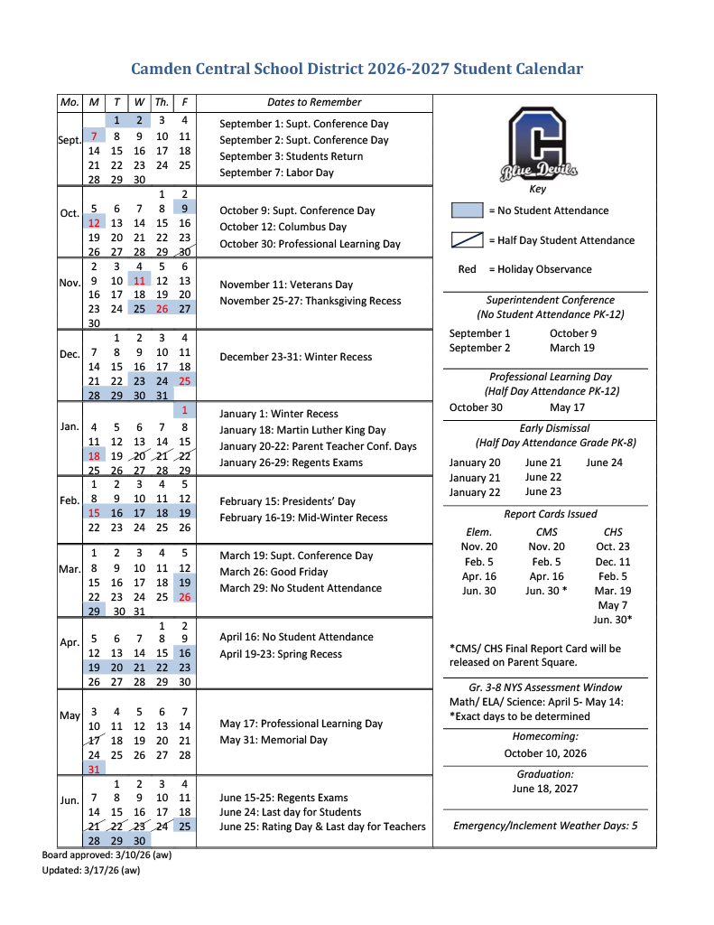 2026-27 Camden CSD Student Calendar