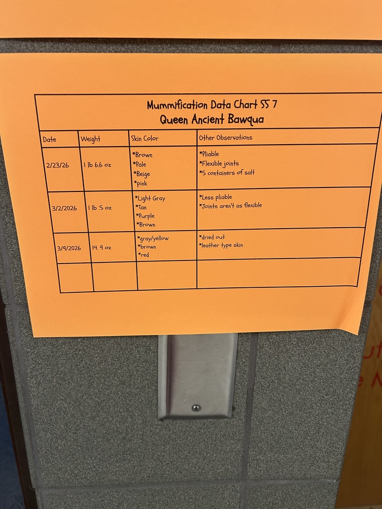 Data sheet displaying all of the information about the chicken from week to week including weight and student observations. 