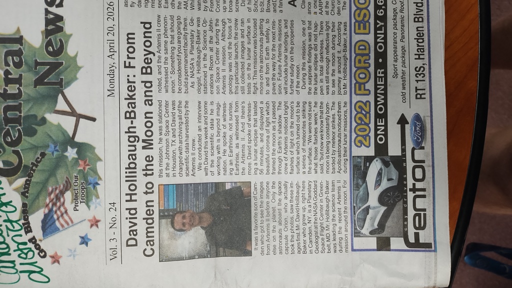 Newspaper Clipping from the Queen Central News featuring David Hollibaugh-Baker '04