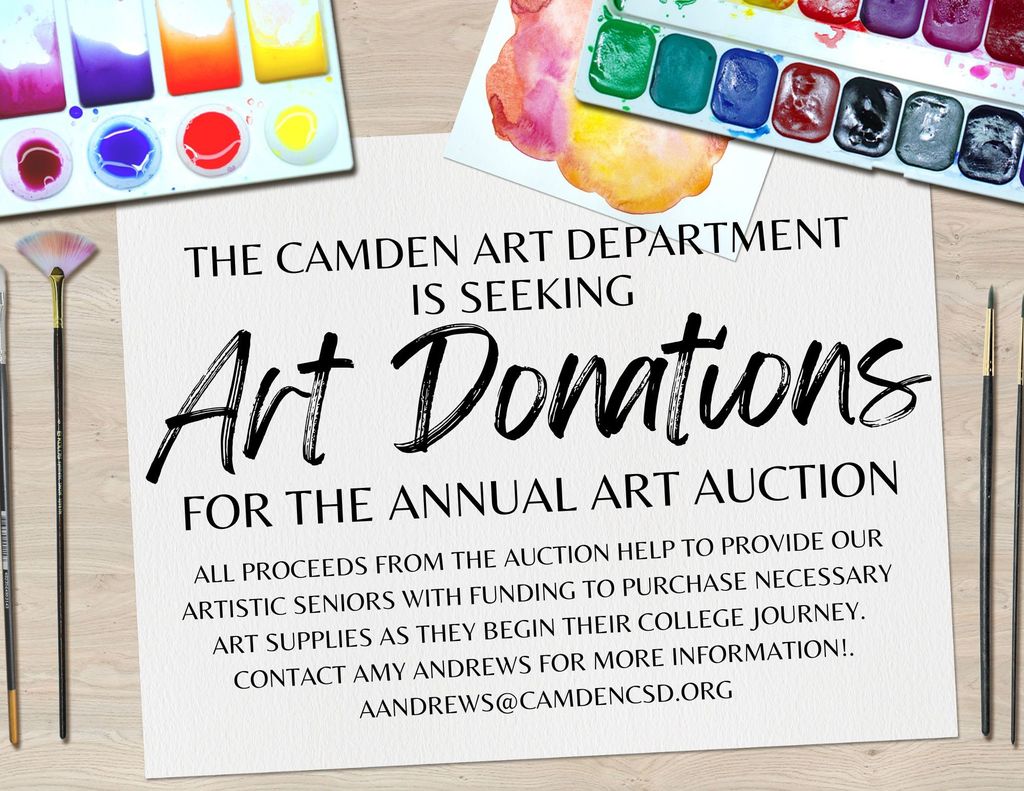 We are seeking donations for our annual art auction to be held at our K-12 art show on May 13th.  Donations do not need to be traditional visual art like drawings and paintings.   Crafts like handmade jewelry, greeting cards, etc would be great donations too
