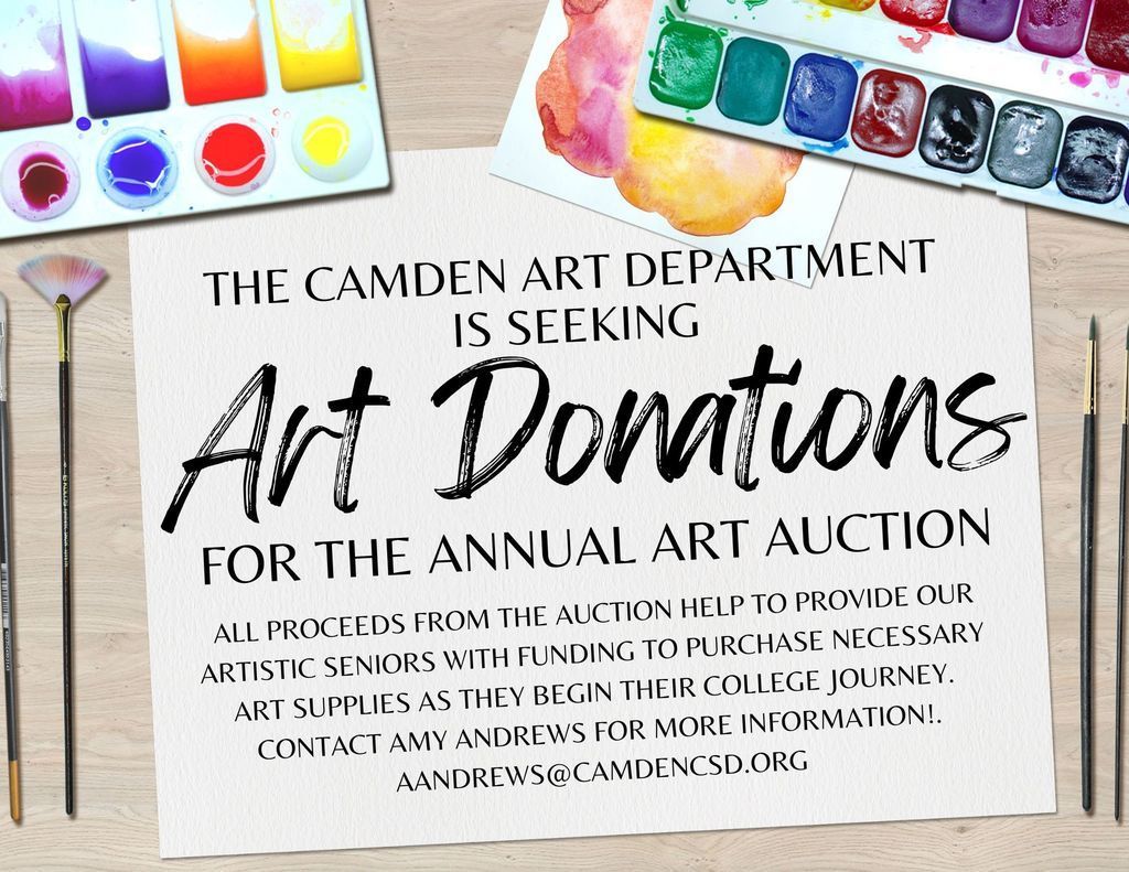 We are seeking donations for our annual art auction to be held at our K-12 art show on May 13th.  Donations do not need to be traditional visual art like drawings and paintings.   Crafts like handmade jewelry, greeting cards, etc would be great donations too