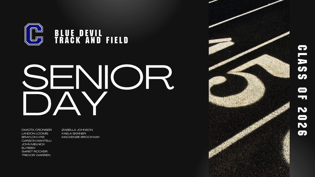 Blue Devil Track and Field Senior Day for the Class of 2026 honoring Dakota Croniser Landon Loomis Braylon Lyke Carson Mantelli John Melnick Eli Reed Garet Rocker Trevor Warren Isabella Johnson Kaela Skinner Mackenzie Brockway 