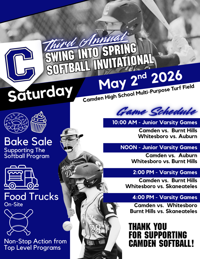 Join us on Saturday as the Camden Blue Devils softball program presents its third annual "Swing Into Spring" Softball Invitational! With games all day at the JV and Varsity levels, a bake sale, and food trucks on site, it's a day of fun for the whole family!  Schedule includes 10 AM JV - Camden v. Burnt Hills, Whitesboro vs. Auburn, Noon JV - Camden v. Auburn, Whitesboro v. Burnt Hills, 2 PM Varsity - Camden vs. Burnt Hills, Whitesboro vs. Skaneateles 4 PM Varsity - Camden vs. Wboro, Burnt Hills vs. Skaneateles