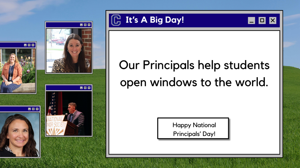 Pictures of our Principals and a brief Principals' Day Message on a background reminiscent of an early 2000s computer operating system. 