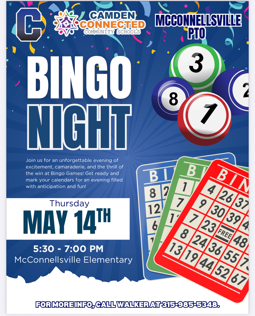McConnellsville PTO Bingo Night on Thursday May 14th from 5:30 to 7:00 PM