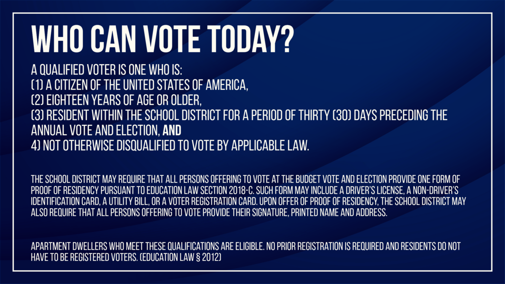 A qualified voter is one who is: (1) a citizen of the United States of America, (2) eighteen years of age or older, (3) resident within the School District for a period of thirty (30) days preceding the annual vote and election, and 4) not otherwise disqualified to vote by applicable law. The School District may require that all persons offering to vote at the budget vote and election provide one form of proof of residency pursuant to Education Law Section 2018-c. Such form may include a driver’s license, a non-driver’s identification card, a utility bill, or a voter registration card. Upon offer of proof of residency, the School District may also require that all persons offering to vote provide their signature, printed name and address. Apartment dwellers who meet these qualifications are eligible. No prior registration is required and residents do not have to be registered voters. (Education Law § 2012)