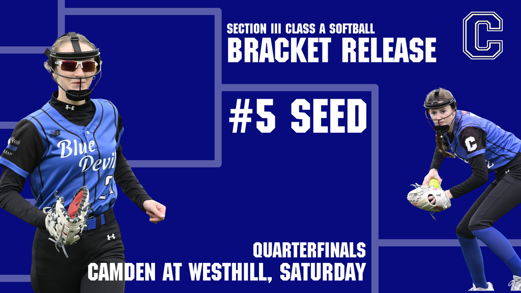 The Camden Varsity Softball Team is the fifth seed in this year's Section III Class A Championship tournament. They will play a quarterfinal at Westhill on Saturday. Two players are pictured against a blue background with a bracket pattern