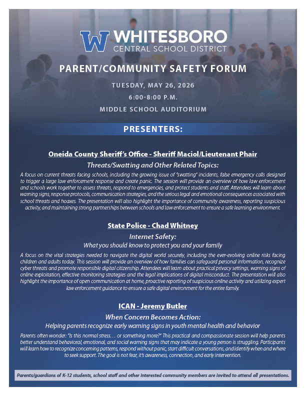 Parent/Community Safety Forum Happening Tuesday May 26th, 2026