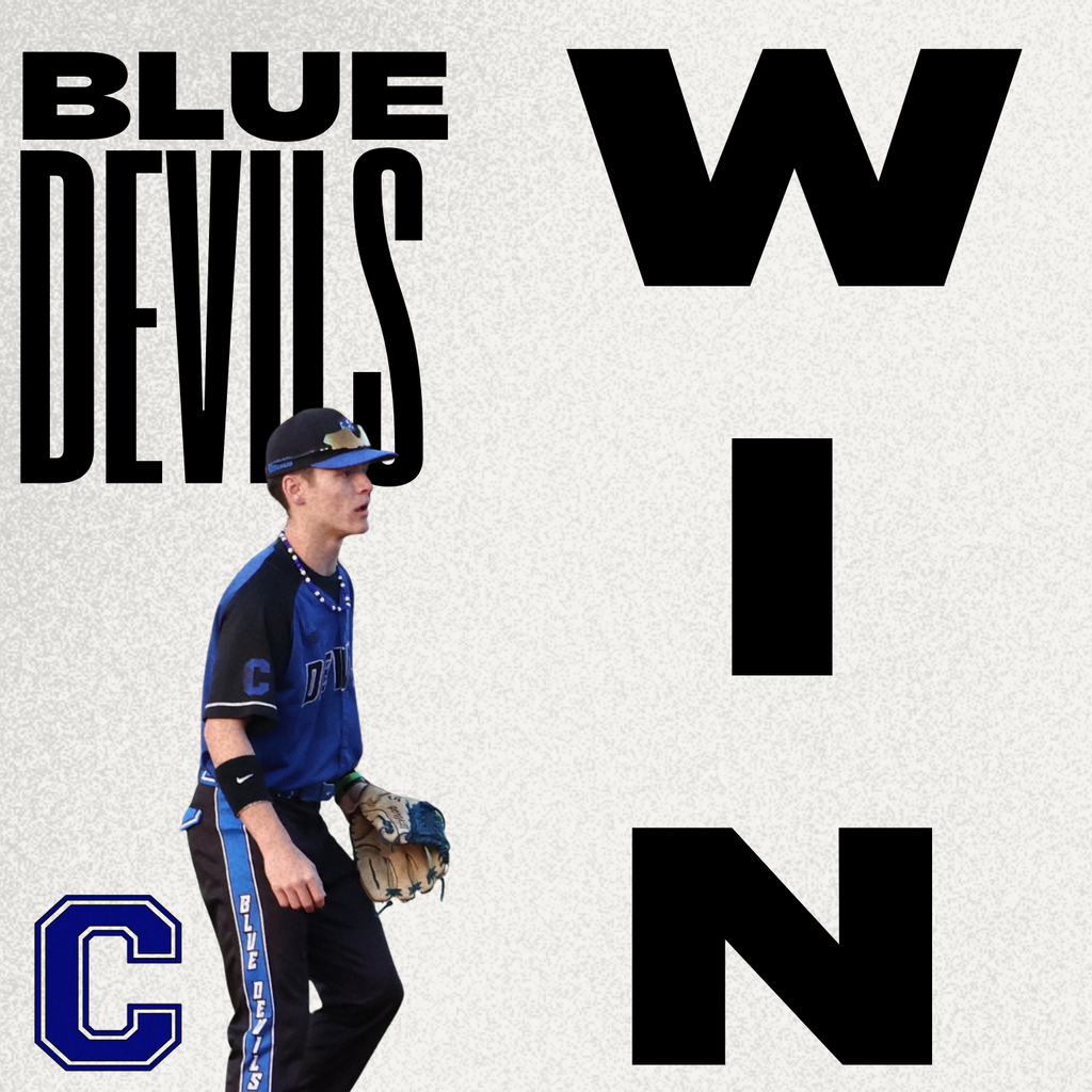 Blue Devils Win on a White background with a picture of a baseball player
