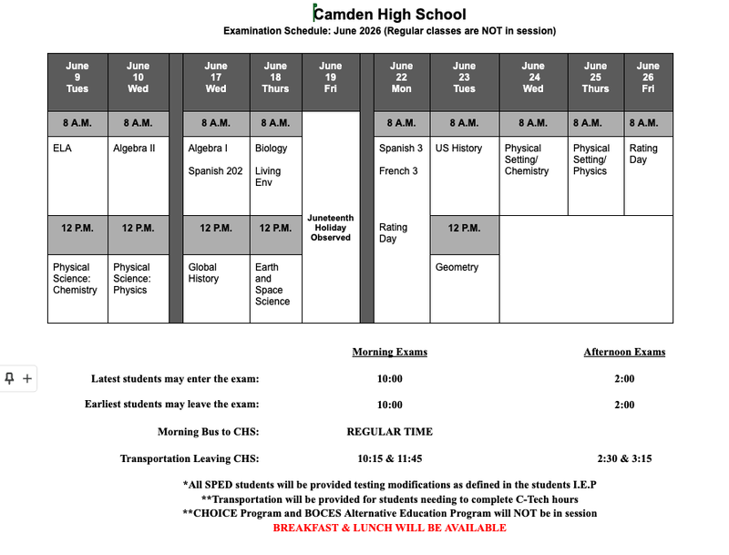 June Regents Exam Schedule
