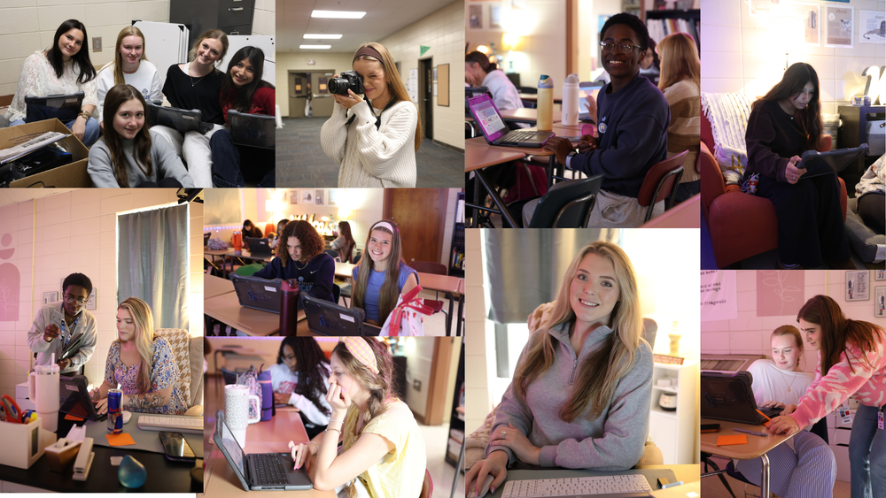 collage of yearbook students and advisor working