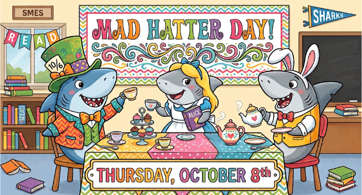 Mad Hatter Day flyer with sharks having a tea party