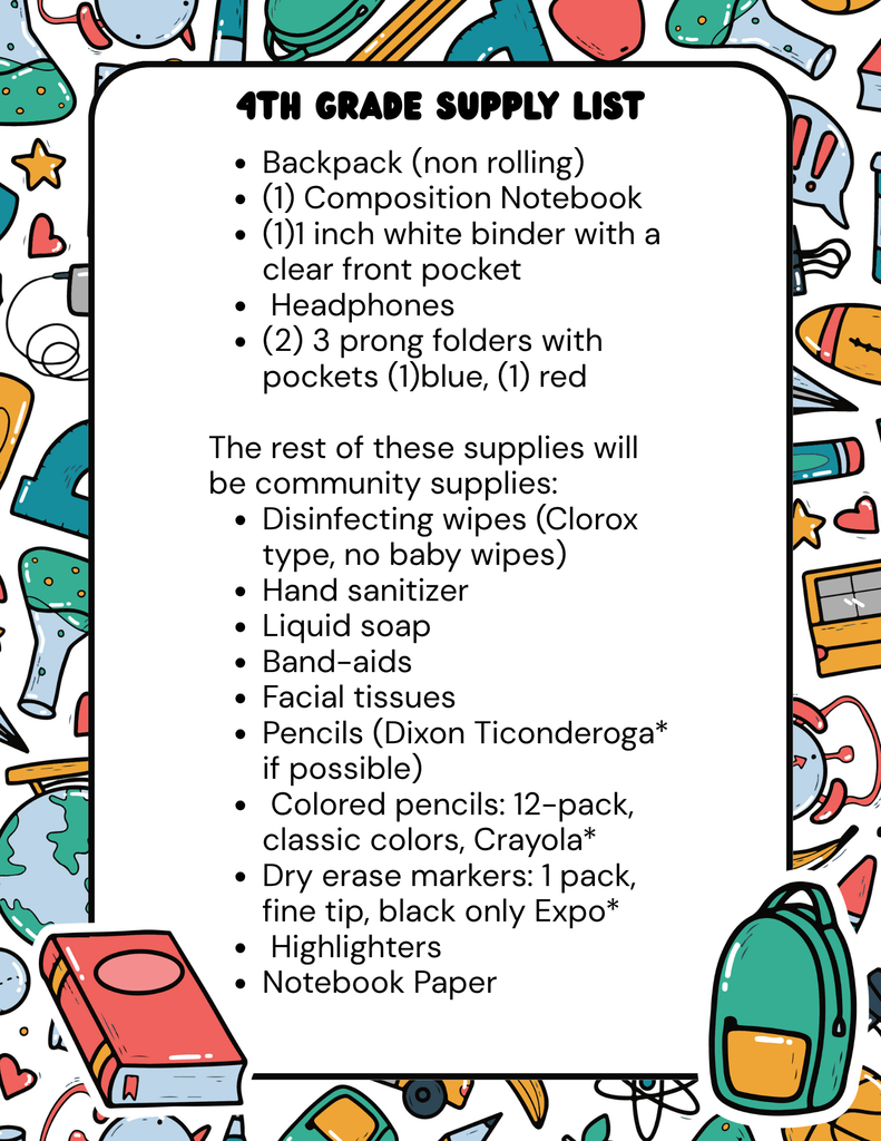 4th Grade Supply List