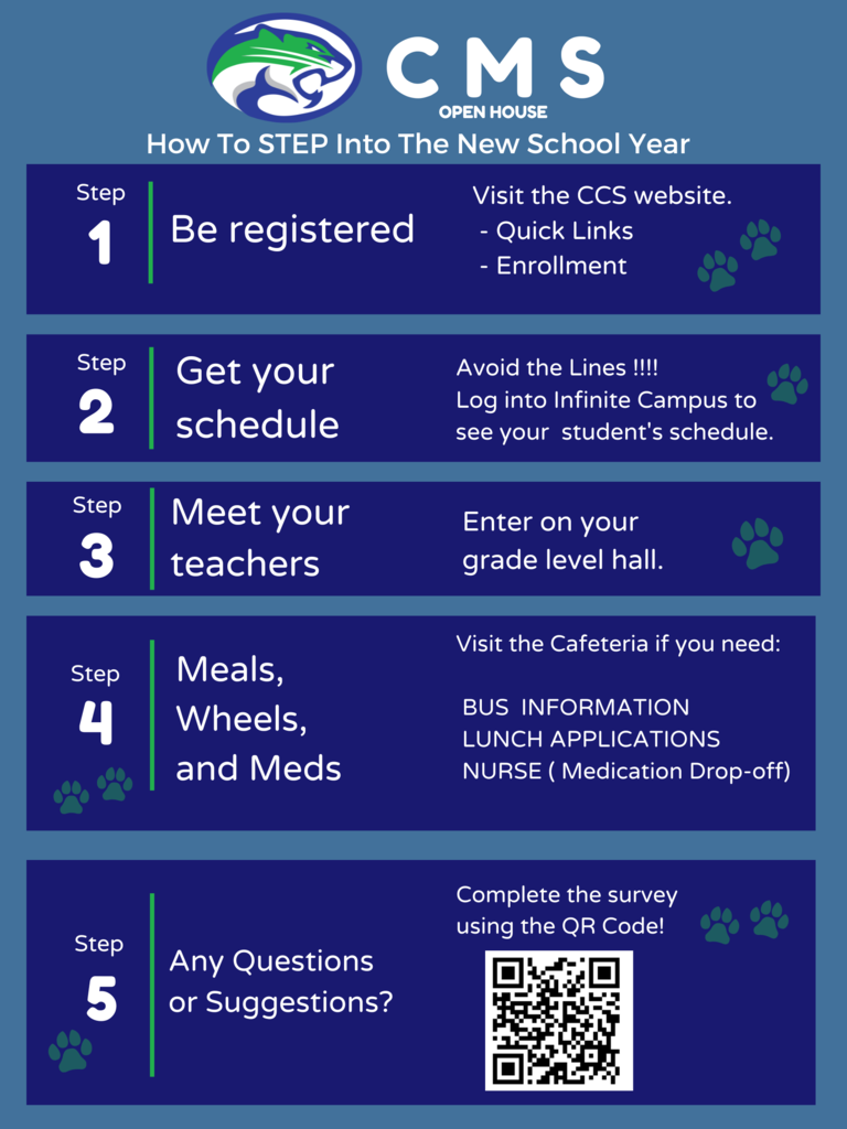 Step 1: Register via CCS Webpage.  Step 2: Log in to Infinite Campus to find your student's schedule.  Step 3: Enter on your grade level hall. Step 4: Visit the cafeteria for transportation,  School nutrition and the School Nurse. 