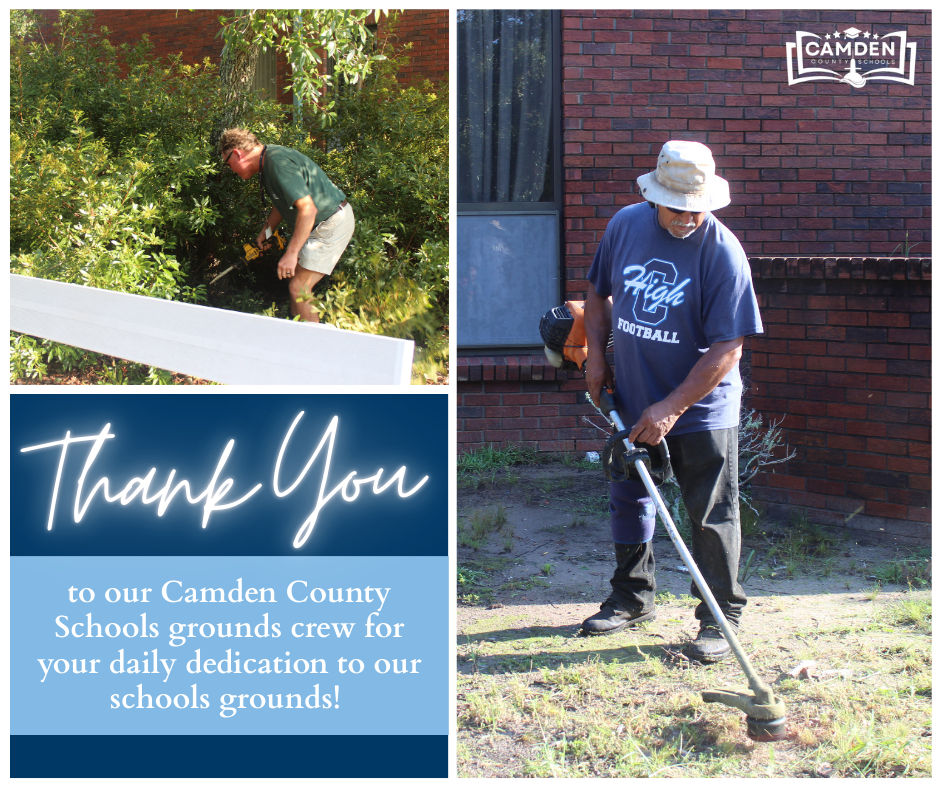 Grounds crew cutting grass and branches at Camden County High School