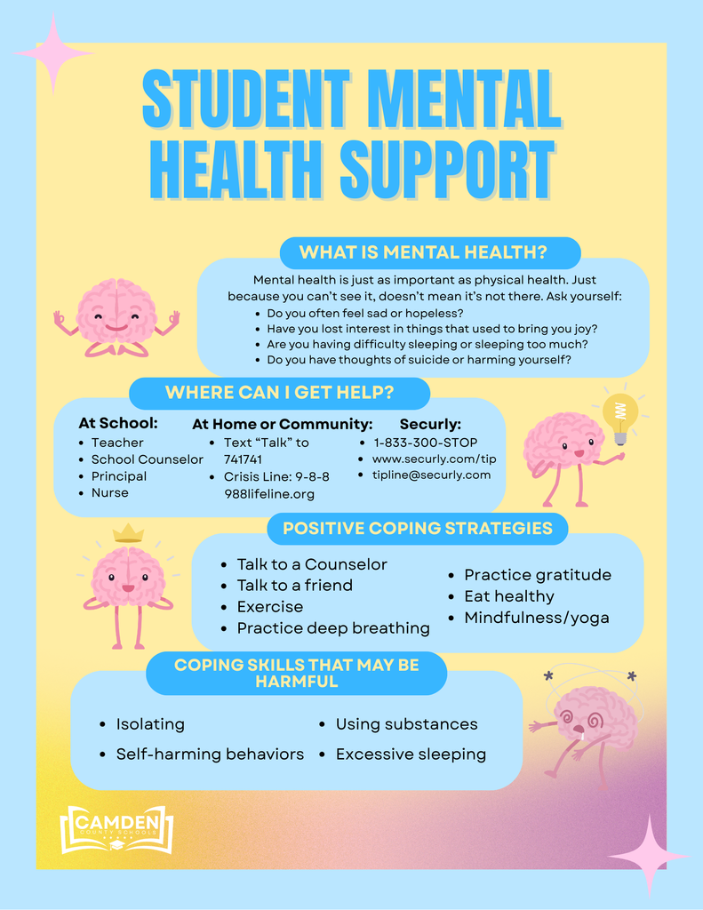 Student Mental Health Support flyer with information and tips on mental health