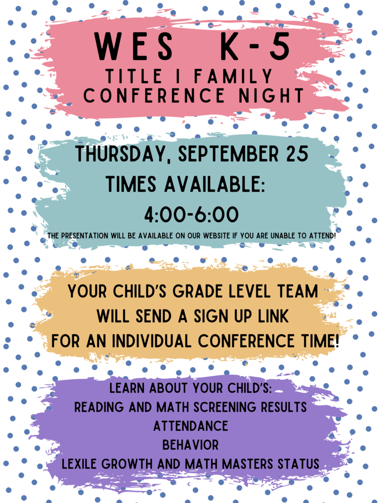 WES K-5 Title I Family Conference Night  Thursday, September 25 4:00-6:00
