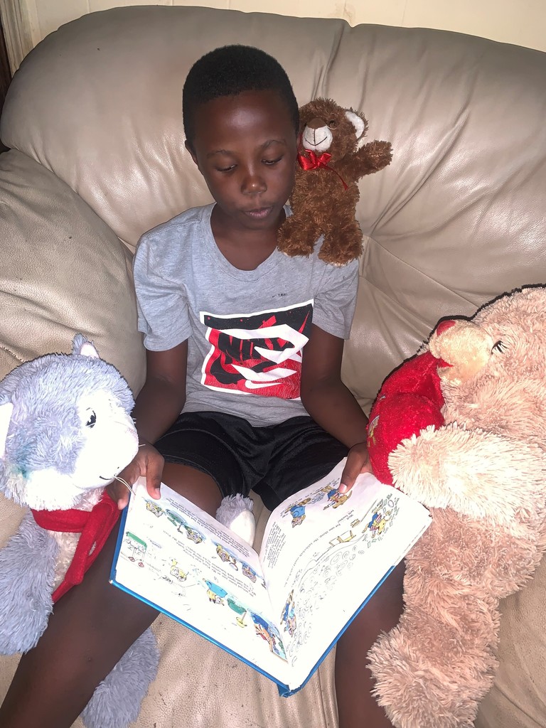 boy reading to stuffed animals