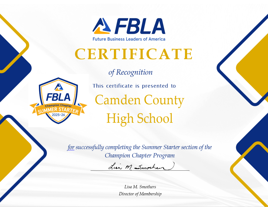 FBLA certificate of recognition as a gold chapter