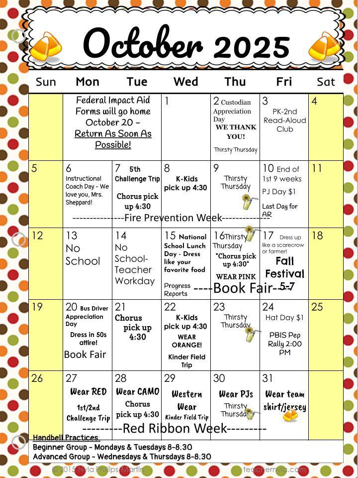 Favorite food 10/15, Pink out 10/16, Scarecrow 10/17, 50s Day 10/20, Orange day 10/22