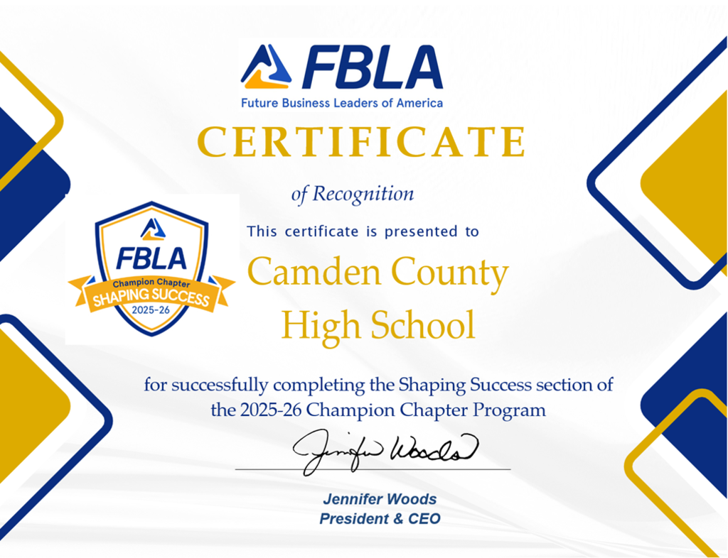 FBLA certificate of recognition as a gold chapter