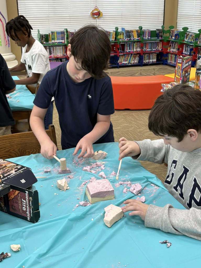 students digging through the rock