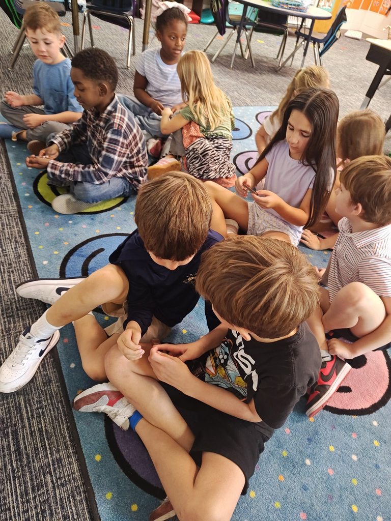 students collaborating on how to split chocolate bar. they are doing this on the rug.