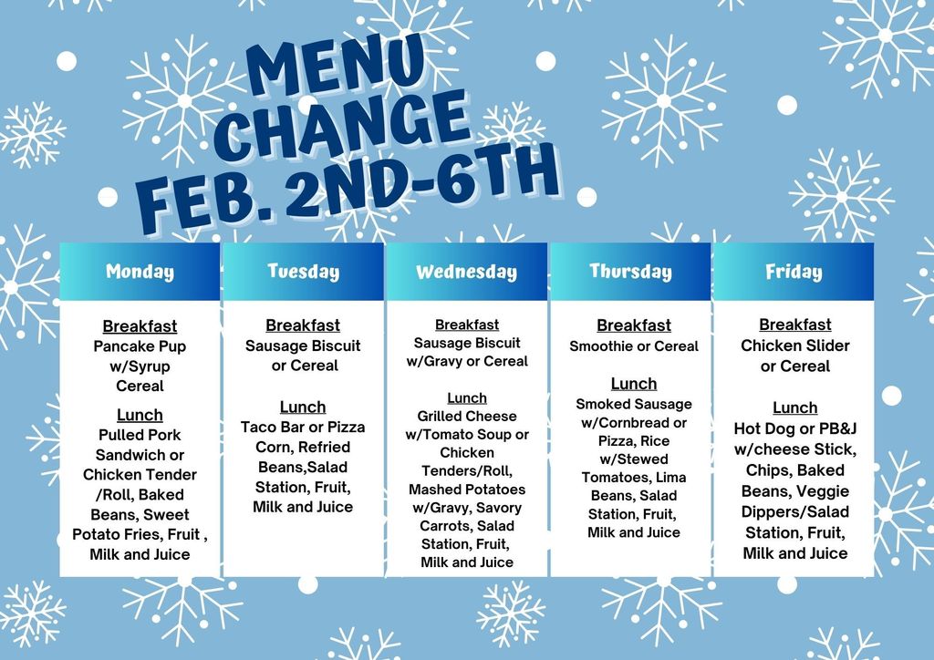 Lunch Menu Change for next week