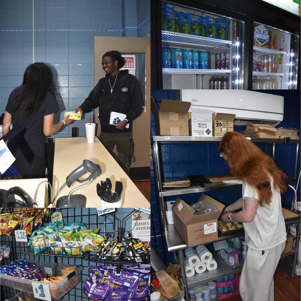 students working in school store