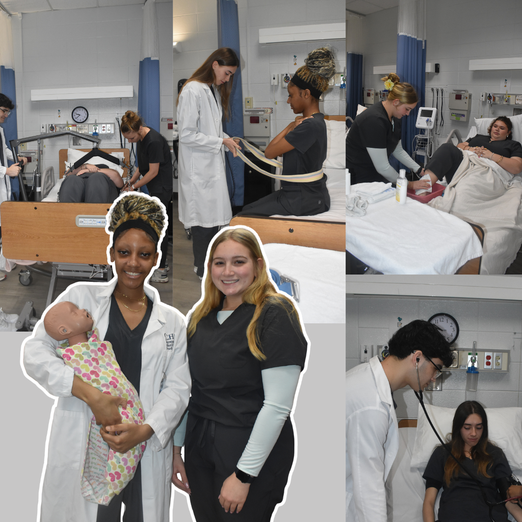 healthcare students working in the classrooms and medical room