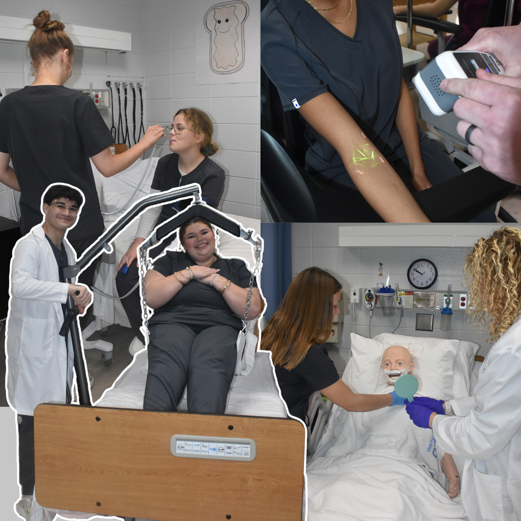 healthcare students working in the classrooms and medical room